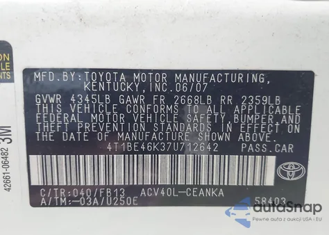 2007 Toyota Camry Le из США, поврежденный, VIN 4T1BE46K37U712642